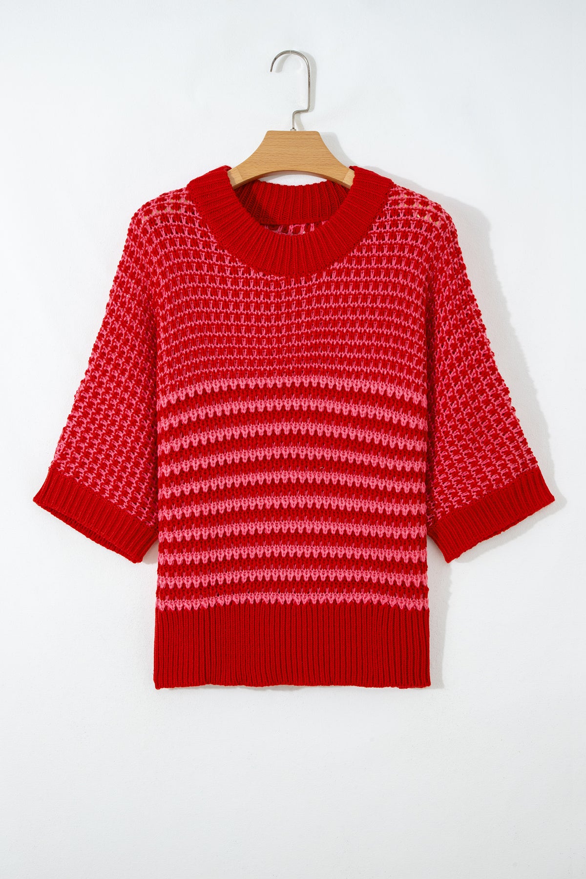 Red Dear-Lover 3/4 draped sleeve slouchy sweater with stripes, made of 100% acrylic, casual and cozy short sleeve sweater.