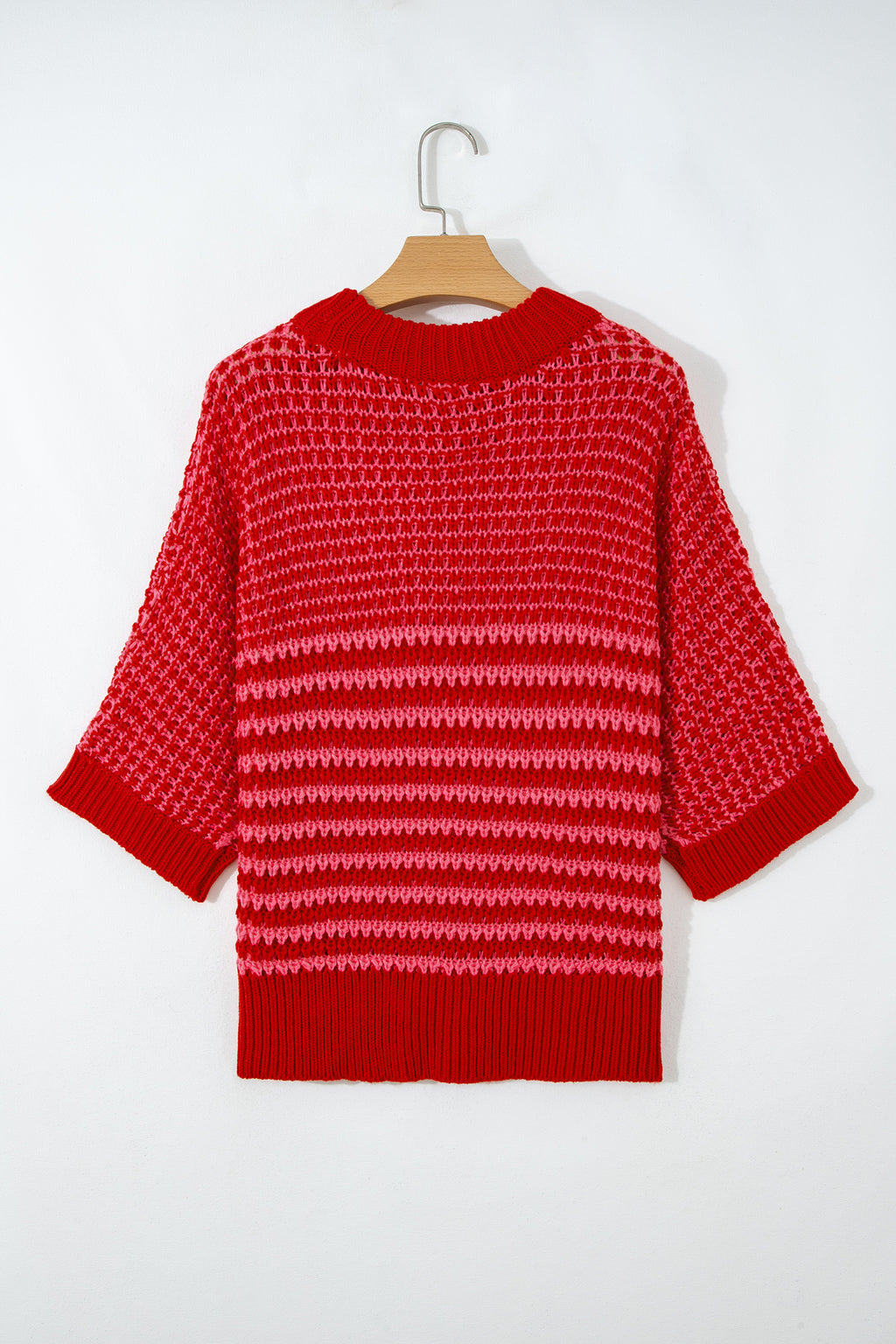 Red 3/4 draped sleeve slouchy sweater by Dear-Lover, featuring a relaxed fit and stylish stripe design, made from soft acrylic fabric.