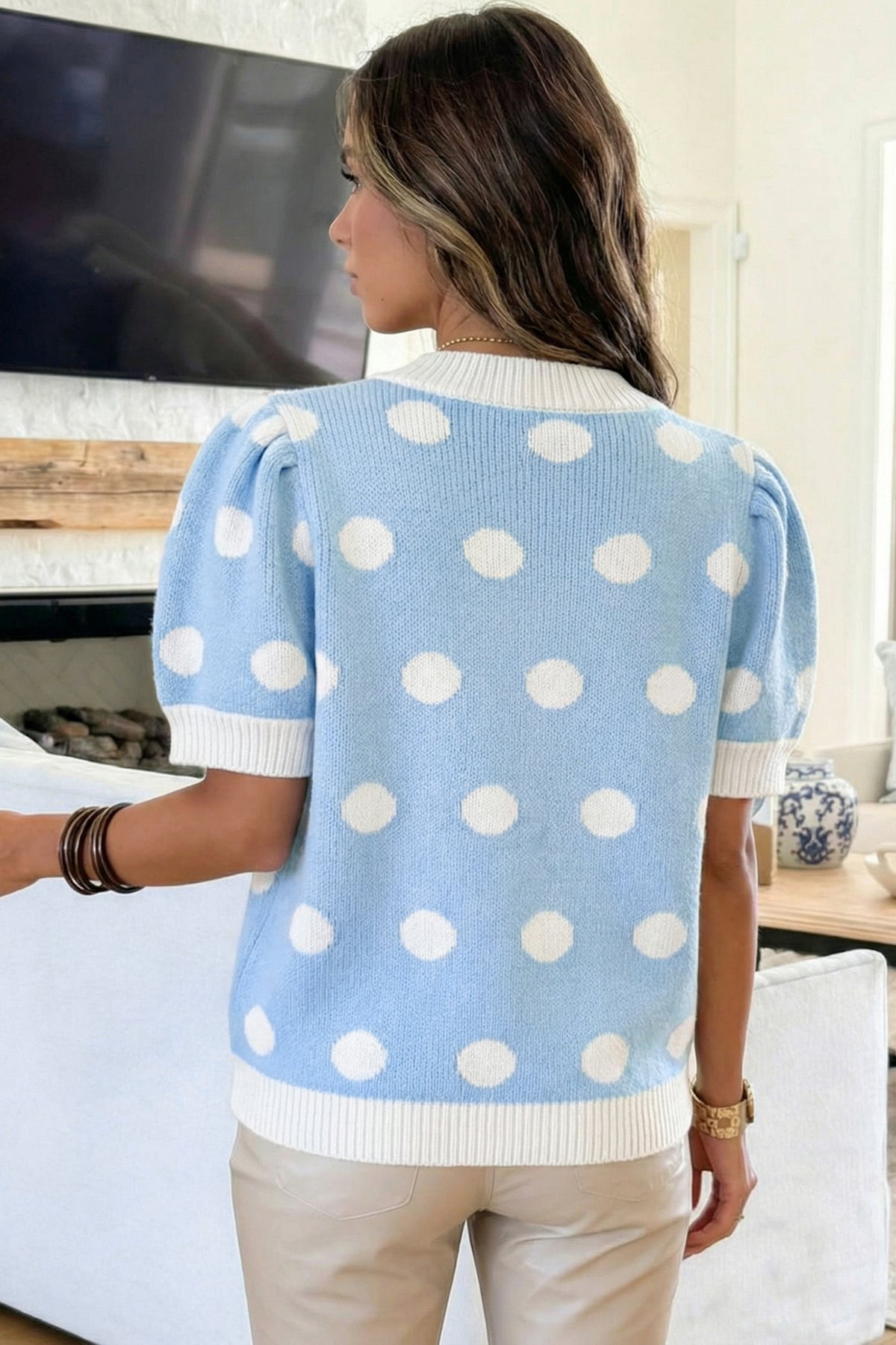 Rose Red Polka Dot Puff Short Sleeve Sweater Top by Dear-Lover, lightweight viscose blend, casual and stylish for women.
