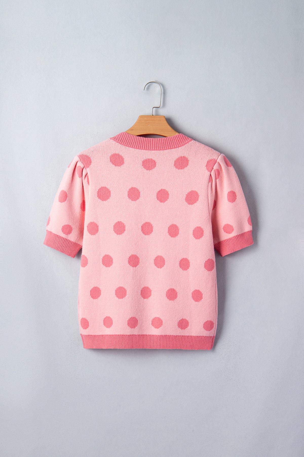 Rose Red Polka Dot Puff Short Sleeve Sweater Top by Dear-Lover, lightweight viscose blend, featuring puff sleeves and polka dot pattern.