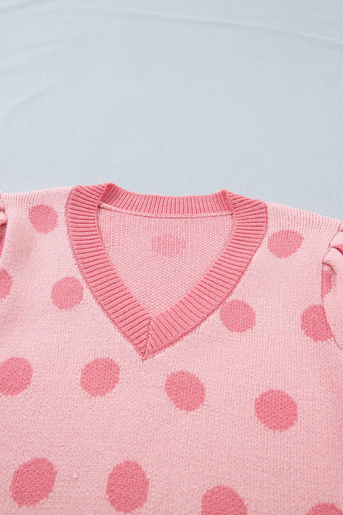 Rose red polka dot puff short sleeve sweater top by Dear-Lover, featuring a lightweight viscose and polyester blend fabric.