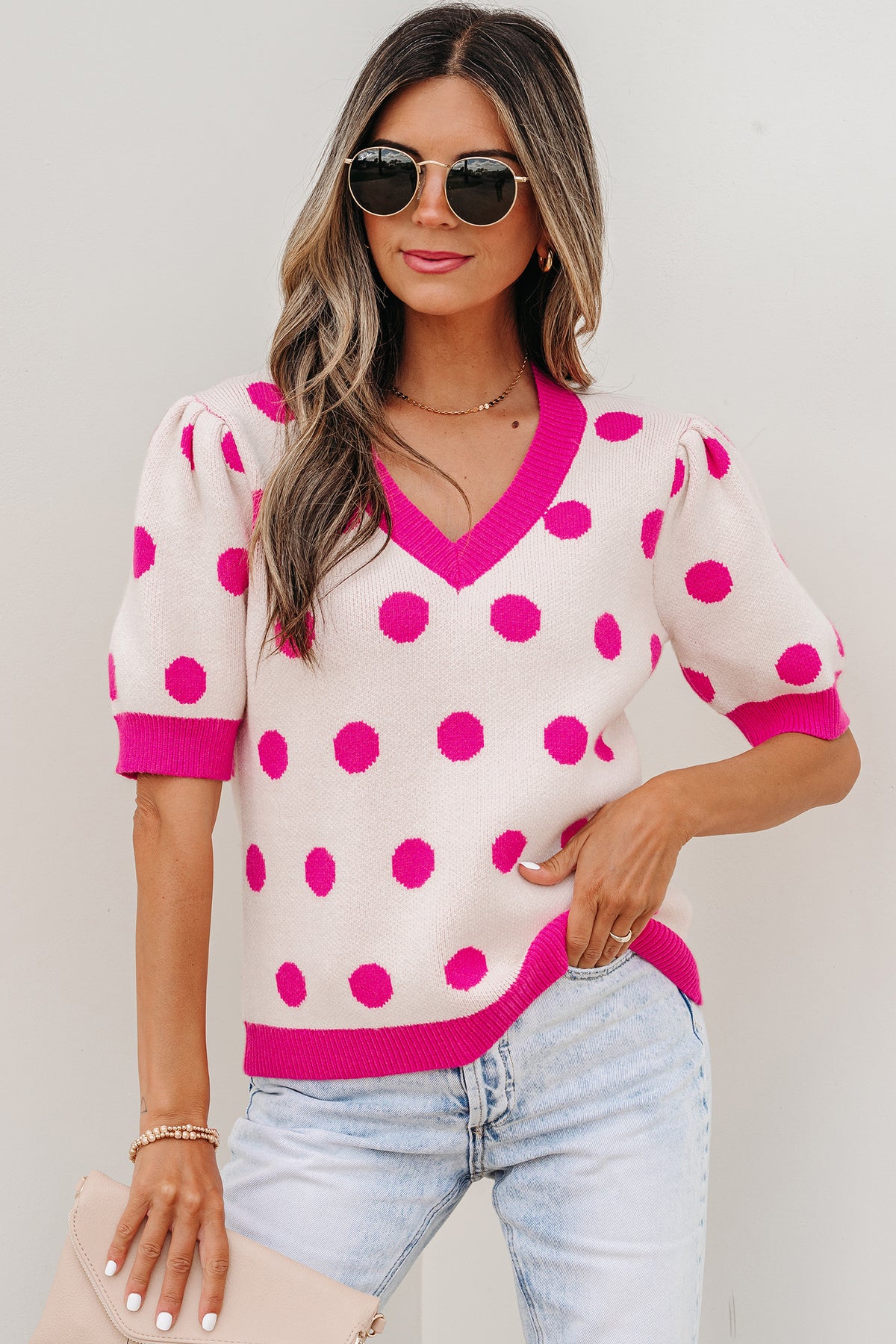Rose red polka dot puff short sleeve sweater top by Dear-Lover, featuring a cozy short sleeve design and playful polka dot pattern.