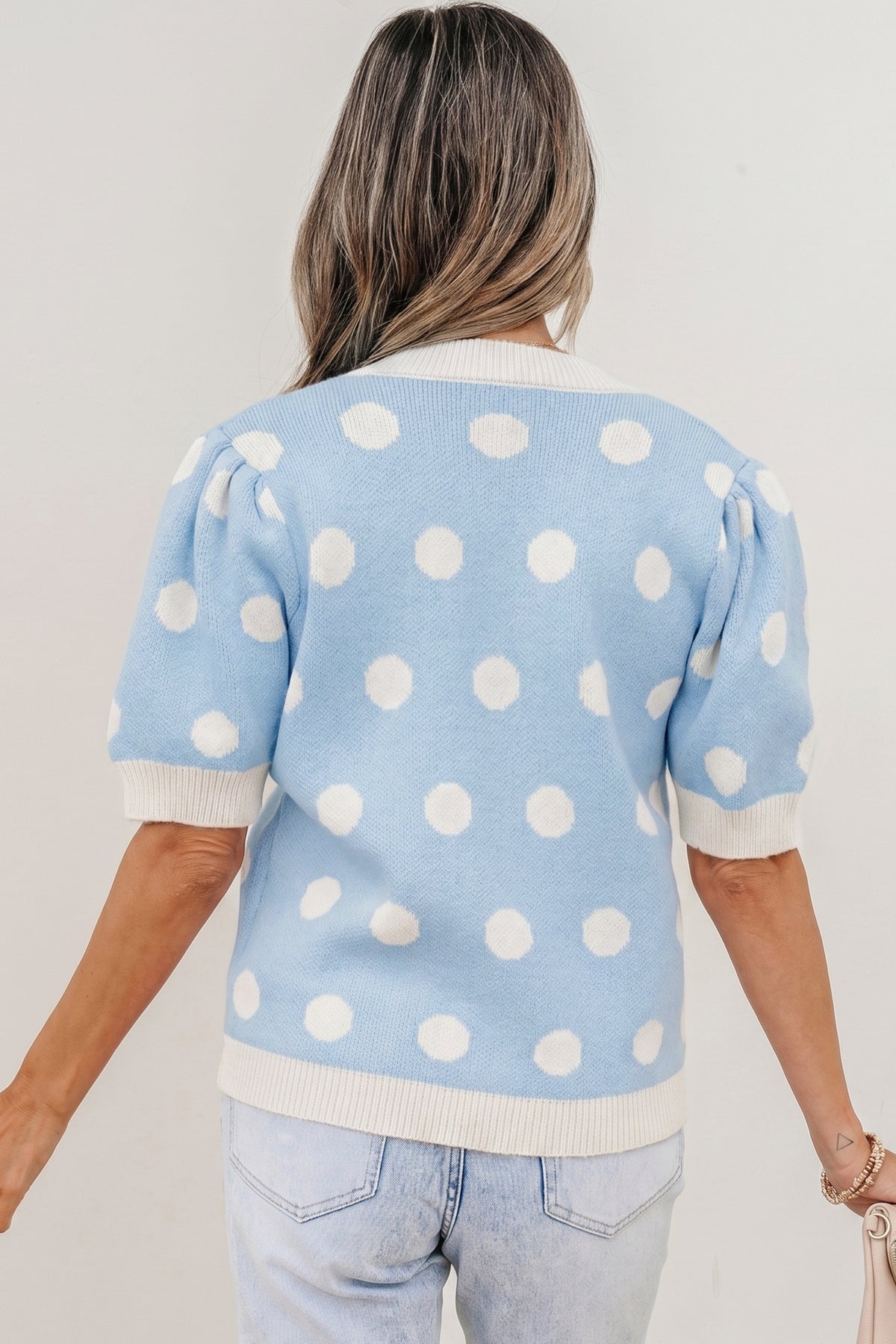 Rose Red Polka Dot Puff Short Sleeve Sweater Top by Dear-Lover, lightweight viscose blend with a cute polka dot pattern.