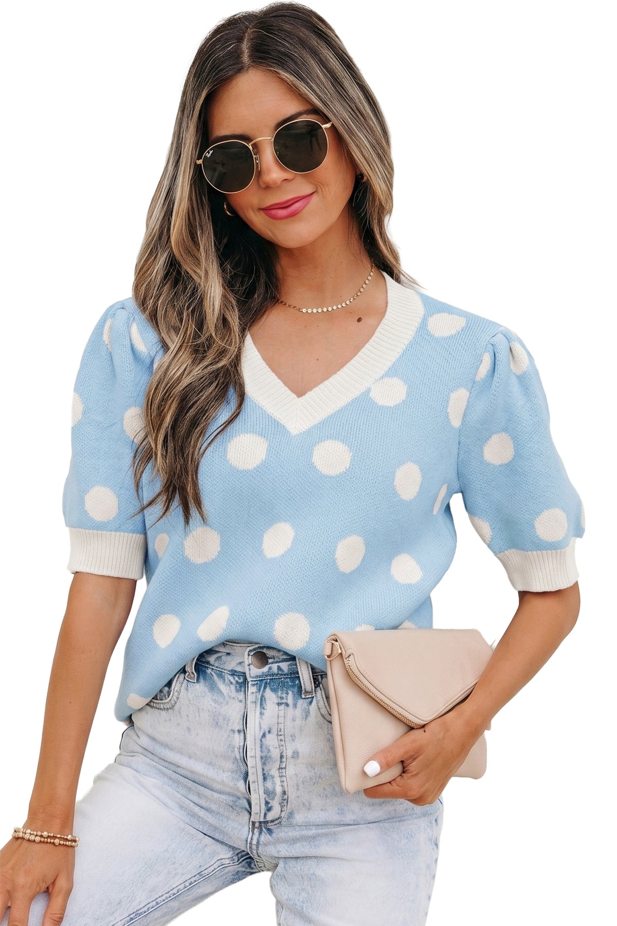 Rose red polka dot puff short sleeve sweater top by Dear-Lover, featuring a stylish, lightweight knit design with a round neckline.