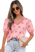 Rose Red Polka Dot Puff Short Sleeve Sweater Top by Dear-Lover, lightweight short-sleeve knit with a cute polka dot pattern.