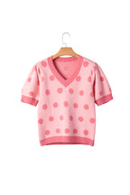 Rose Red Polka Dot Puff Short Sleeve Sweater Top from Dear-Lover, featuring a cute polka dot pattern and lightweight short sleeves.