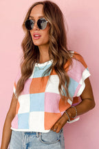 White color block cap sleeve sweater by Dear-Lover, short sleeve viscose sweater with a stylish modern design.