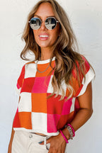 White color block cap sleeve sweater by Dear-Lover, short sleeve viscose sweater with modern color block design.