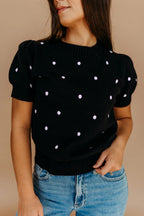 Black polka dot bubble short sleeve sweater from Dear-Lover, elegant lightweight sweater with a relaxed fit and stylish design.