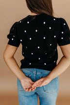Black polka dot bubble short sleeve sweater by Dear-Lover, featuring elegant design and lightweight viscose and polyester fabric.