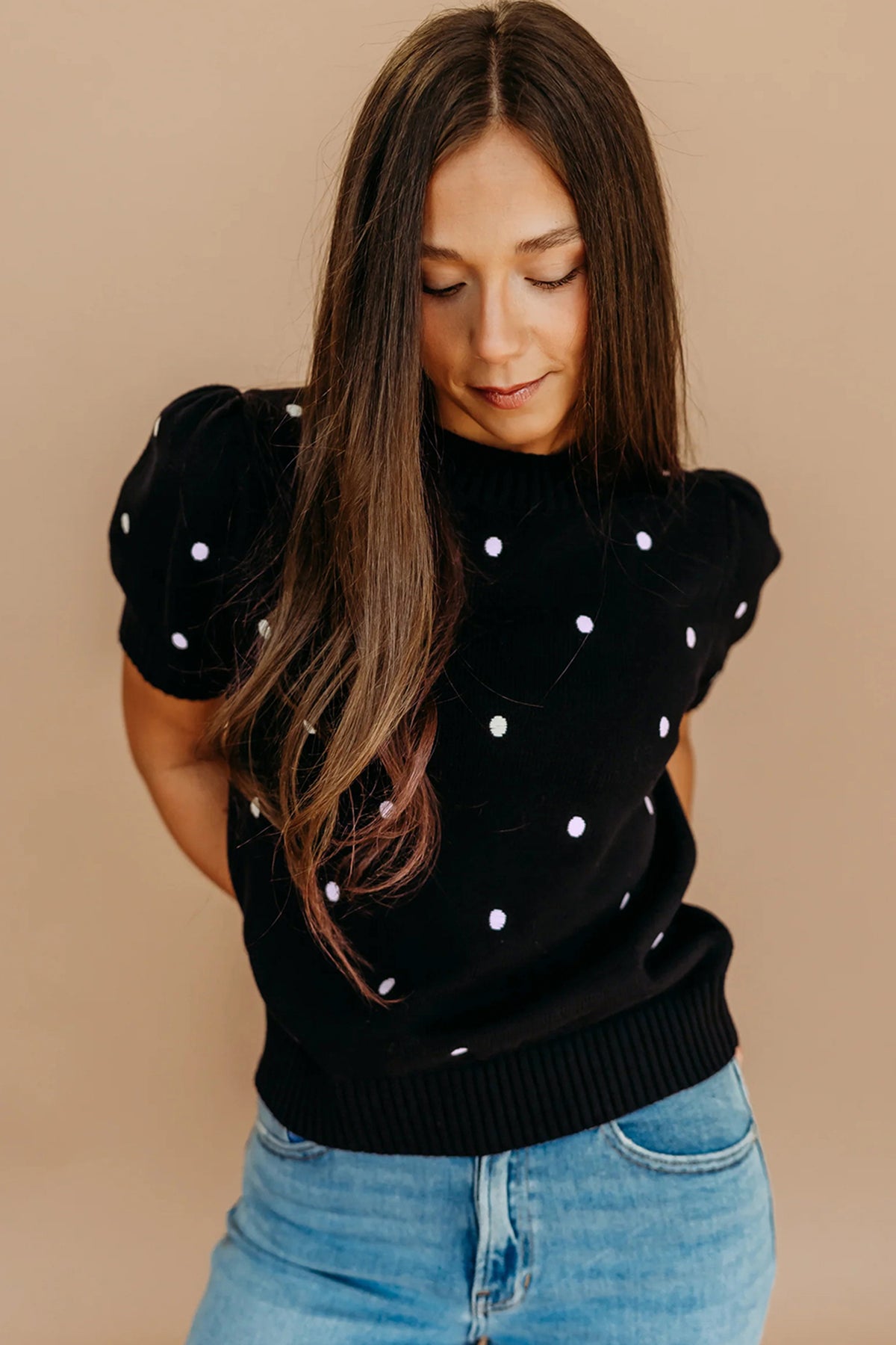 Black polka dot bubble short sleeve sweater by Dear-Lover, elegant lightweight knit with a relaxed fit.