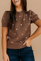 Black polka dot bubble short sleeve sweater from Dear-Lover, elegant, lightweight, and stylish for casual or dressy occasions.
