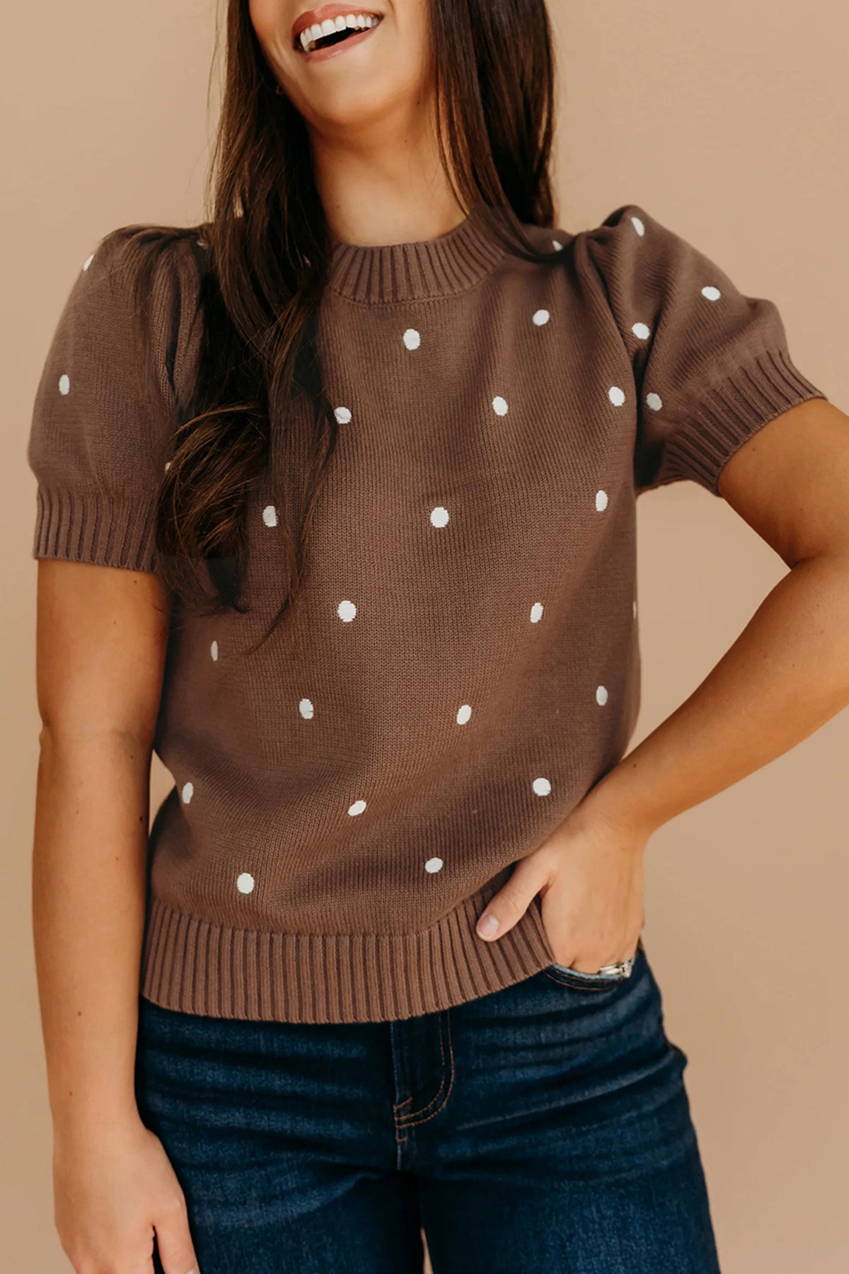 Black polka dot bubble short sleeve sweater from Dear-Lover, elegant, lightweight, and stylish for casual or dressy occasions.