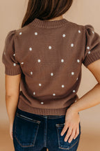 Black polka dot bubble short sleeve sweater by Dear-Lover, featuring an elegant, lightweight viscose and polyester blend for a stylish look.