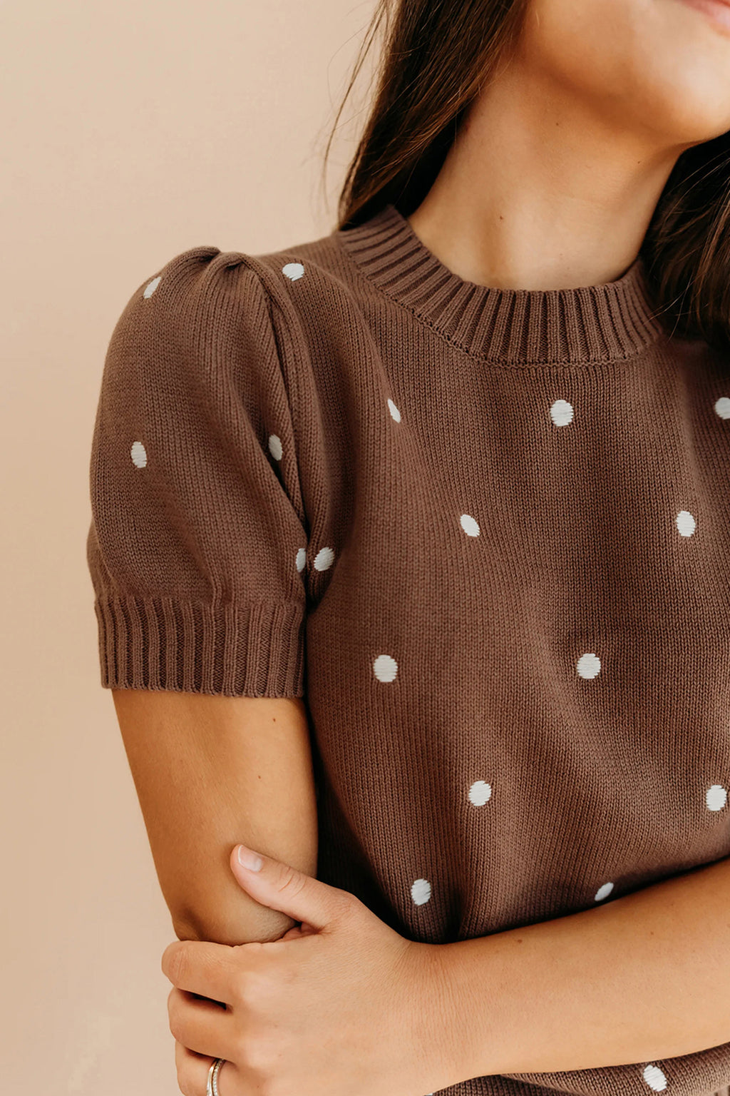 Black polka dot bubble short sleeve sweater by Dear-Lover, elegant casual knit top with a relaxed fit and stylish design.