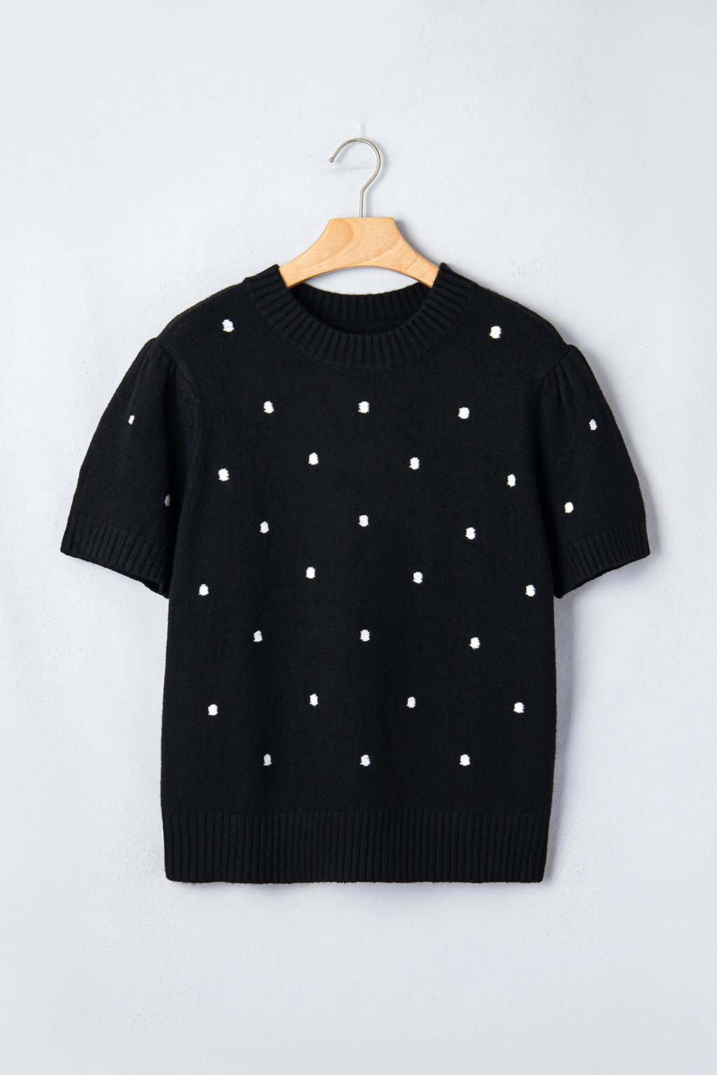Black elegant polka dot bubble short sleeve sweater by Dear-Lover, featuring a stylish short sleeve design and lightweight fabric.