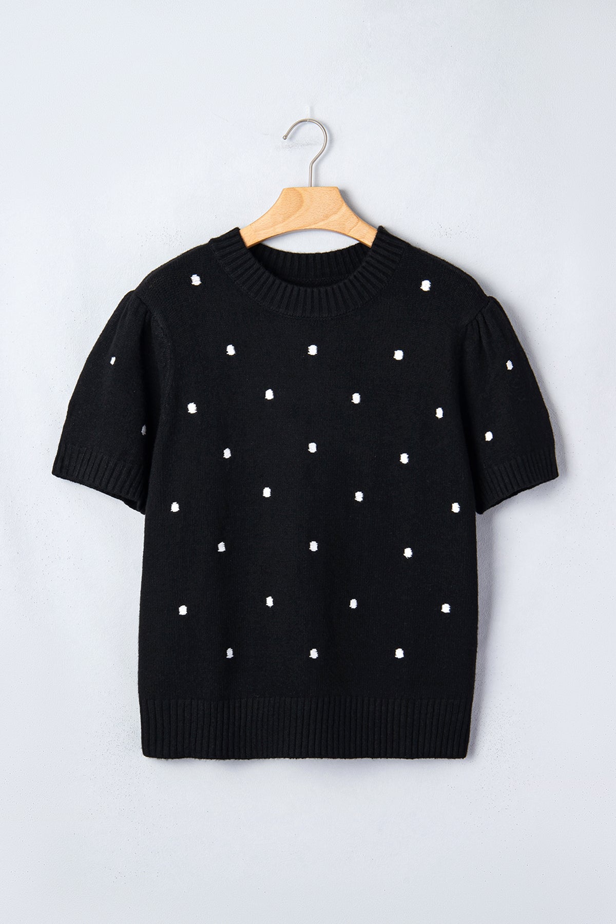 Black elegant polka dot bubble short sleeve sweater by Dear-Lover, featuring a stylish short sleeve design and lightweight fabric.