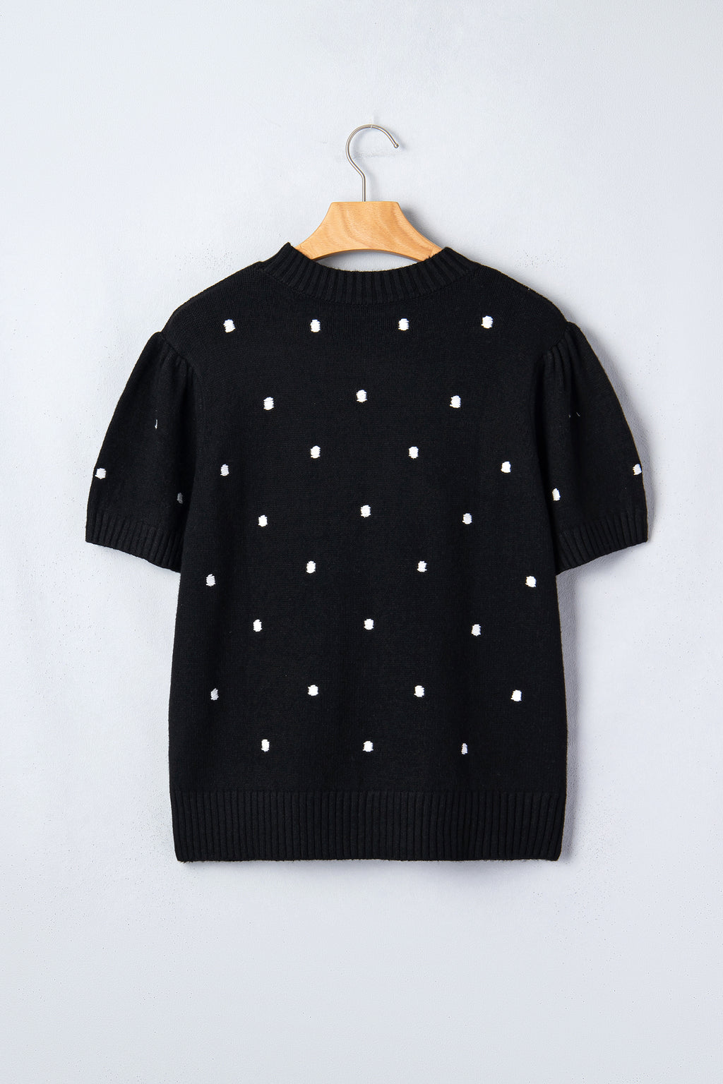 Black polka dot bubble short sleeve sweater by Dear-Lover, featuring an elegant design and lightweight viscose blend.