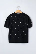 Black polka dot bubble short sleeve sweater by Dear-Lover, featuring an elegant design and lightweight viscose blend.
