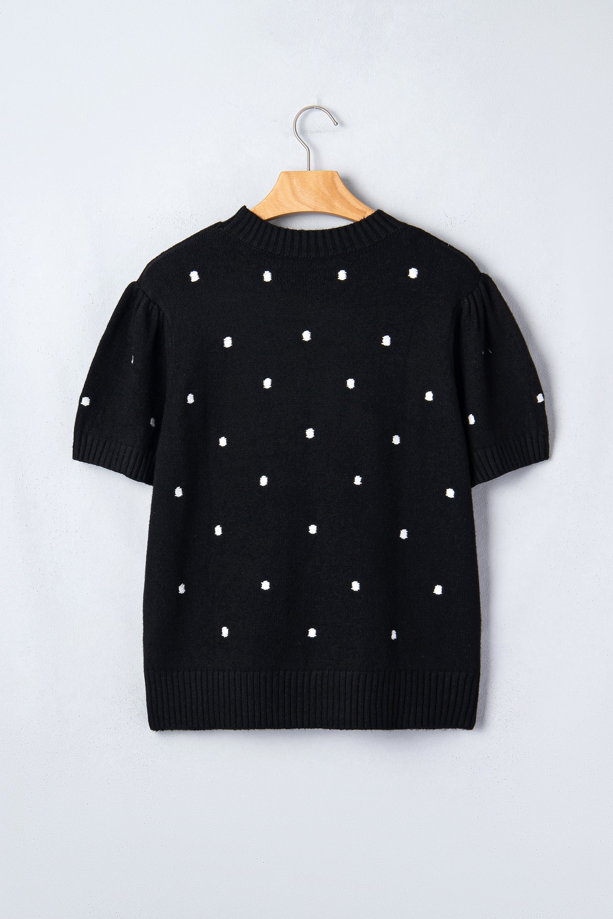 Black polka dot bubble short sleeve sweater by Dear-Lover, featuring an elegant design and lightweight viscose blend.