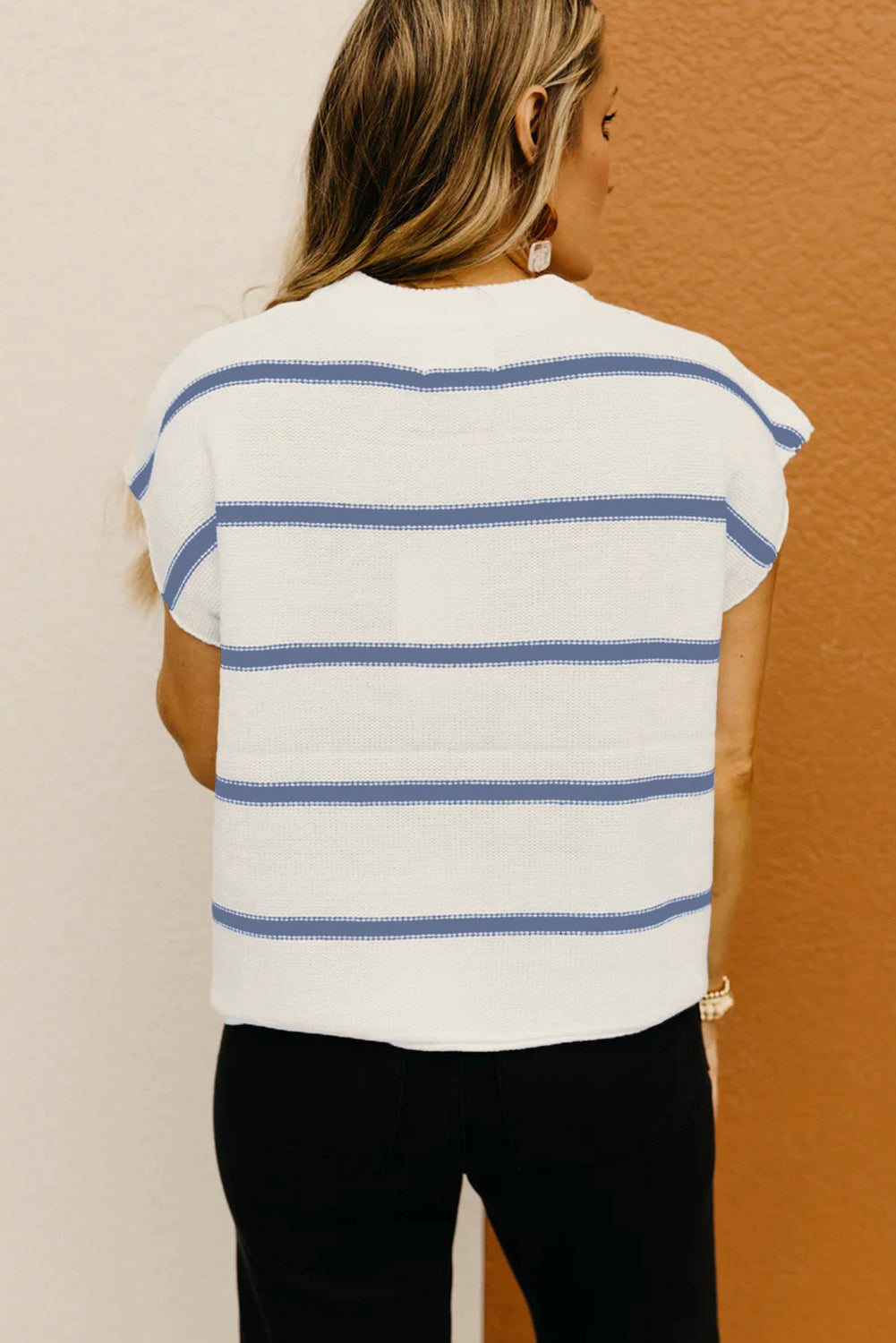 Blue striped batwing sleeve sweater tee by Dear-Lover, made of lightweight acrylic, perfect for casual layered looks.