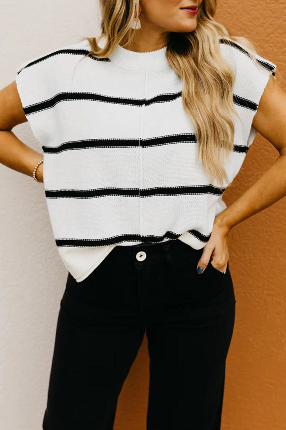 Blue striped batwing sleeve sweater tee by Dear-Lover, featuring a relaxed fit and cozy acrylic material, styled as a sweater vest.