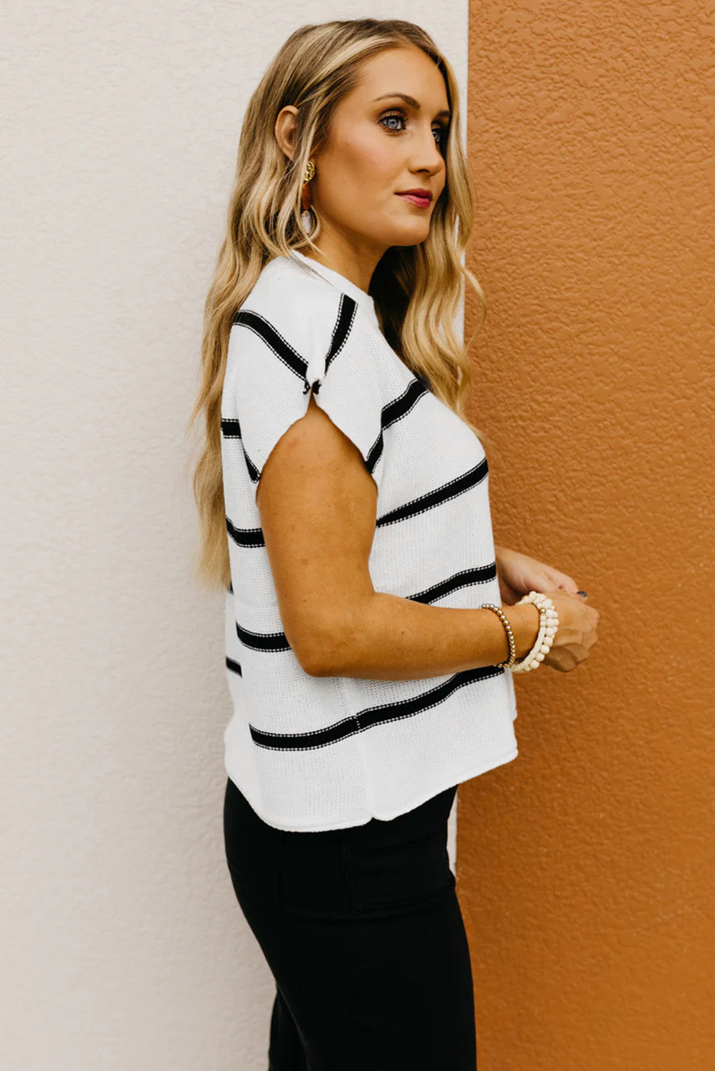 Blue striped batwing sleeve sweater vest by Dear-Lover, featuring a comfortable acrylic knit with a relaxed fit.