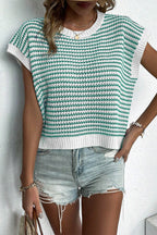 Green stripe knitted sweater vest with ribbed trim, loose fit, made from acrylic and cotton, by Dear-Lover.