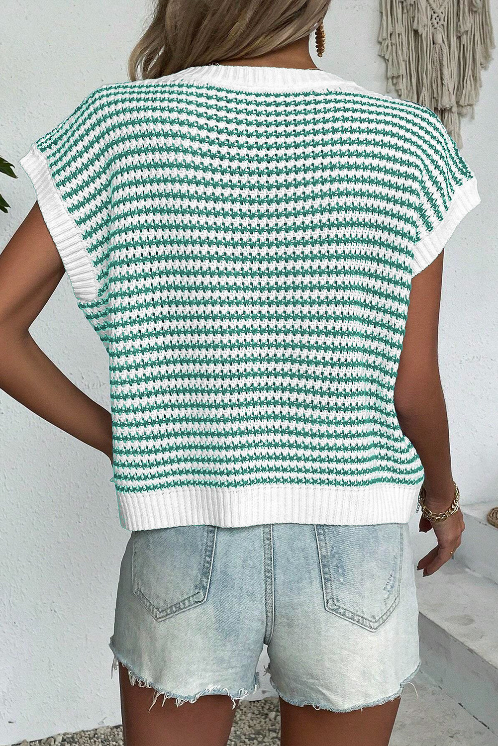 Green stripe ribbed trim knitted sweater vest by Dear-Lover, featuring a loose fit and cozy acrylic-cotton blend.