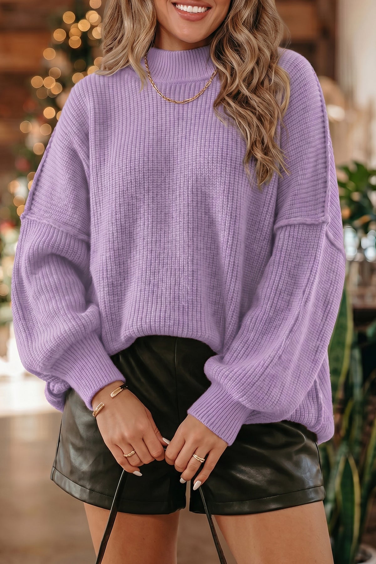 Chestnut long sleeve ribbed knit sweater from Dear-Lover, with stand collar and regular fit, made of viscose, polyester, and polyamide.