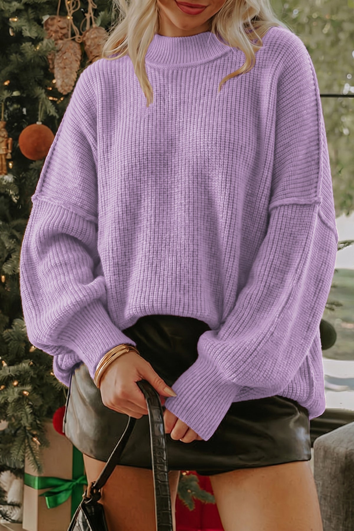 Chestnut Dear-Lover long sleeve ribbed knit sweater with stand neck, regular fit, made of viscose, polyester, and polyamide.