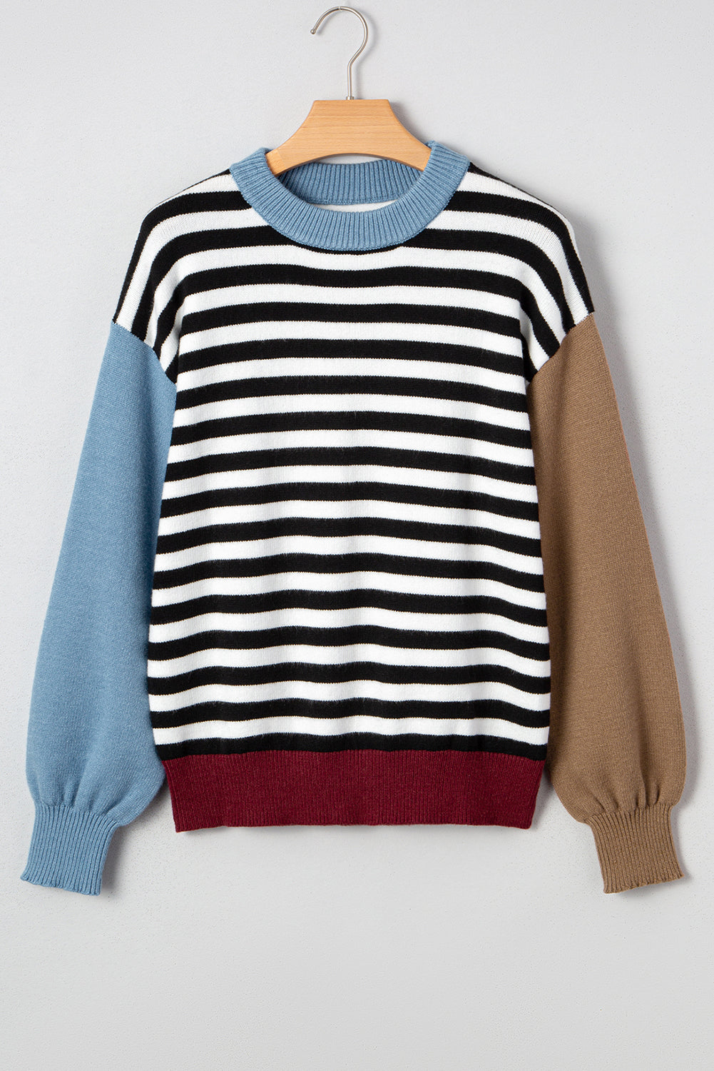 Black striped panels colorblock sleeve sweater by Dear-Lover, stylish viscose-polyester blend, chic and comfortable sweater for women.
