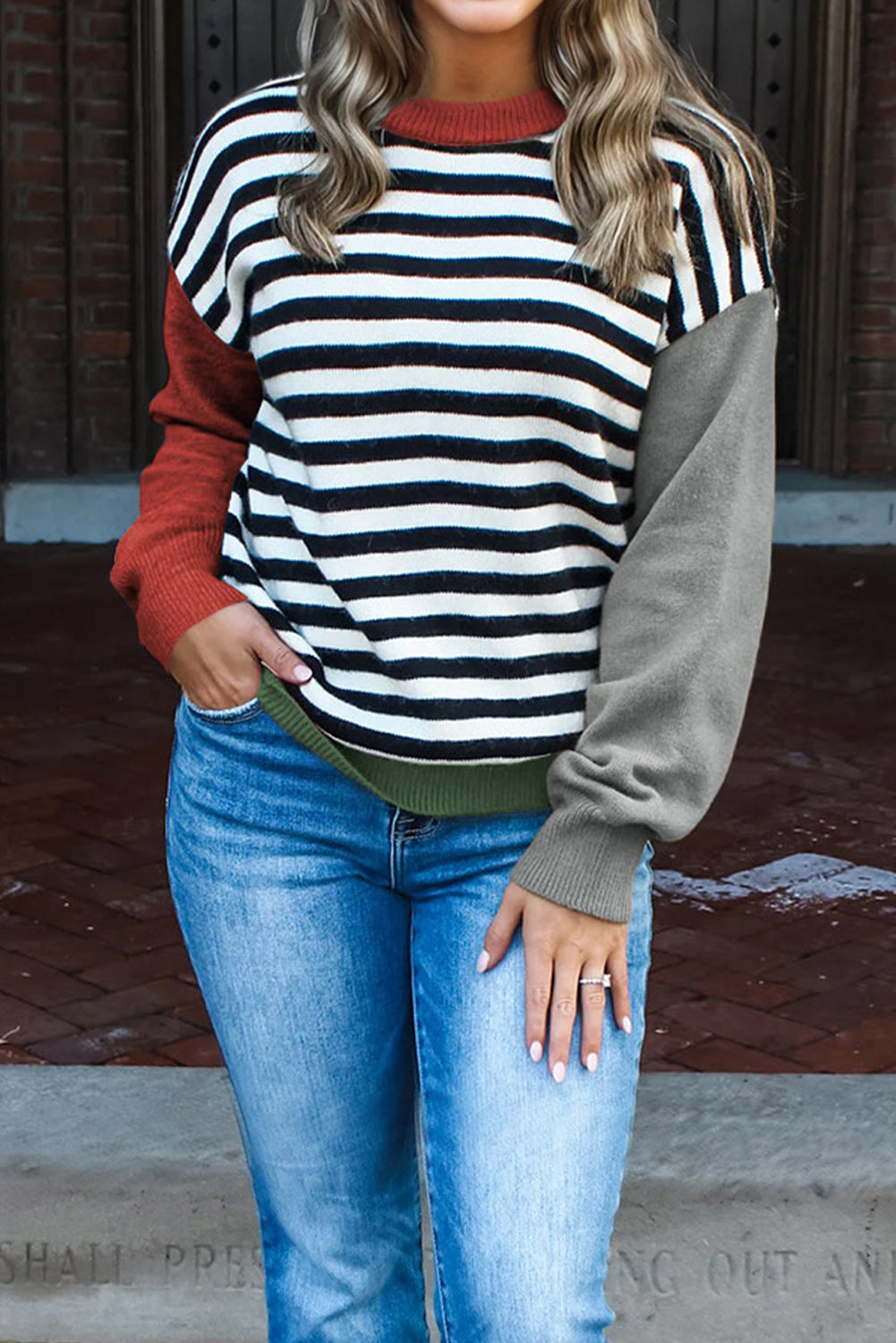 Black striped panels colorblock sleeve sweater by Dear-Lover, stylish viscose and polyester blend, perfect for casual wear.