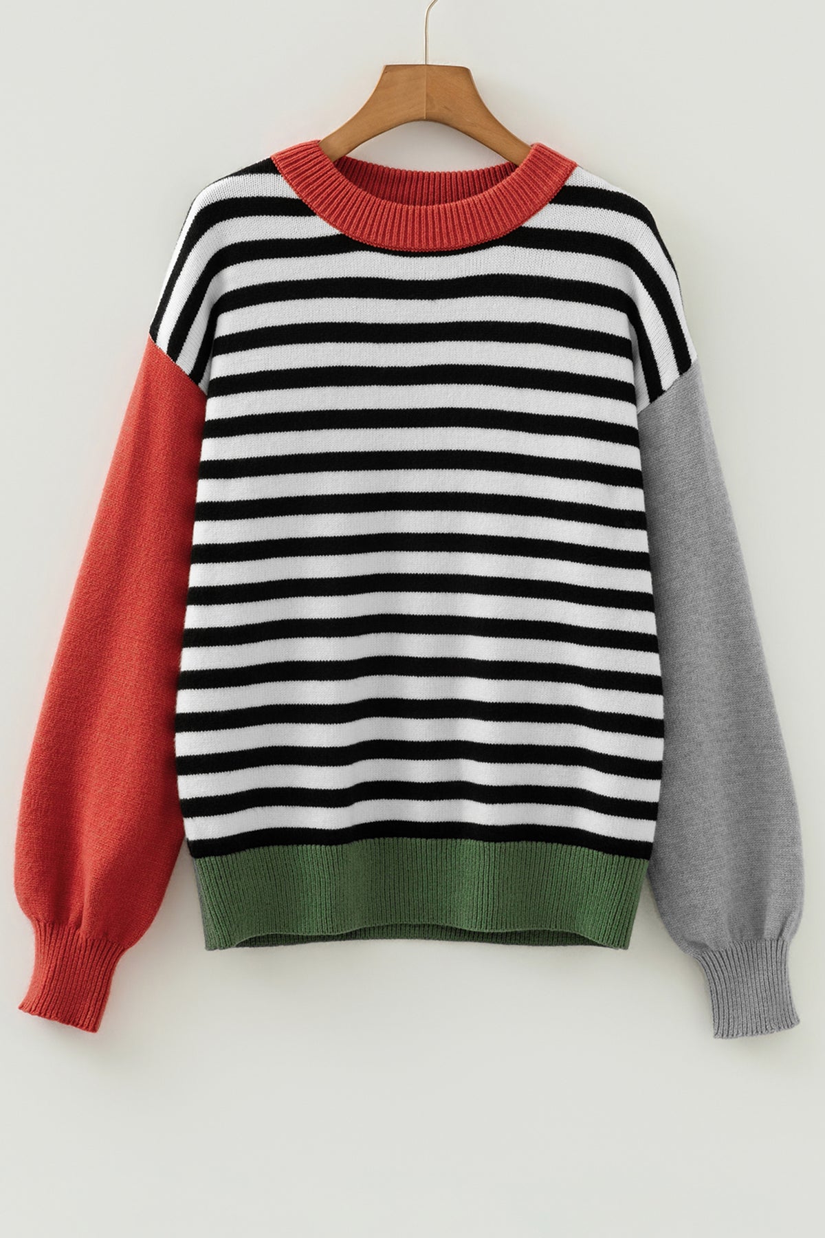 Black striped panel sweater with colorblock sleeves, made from viscose, polyester, and polyamide, stylish and chic for women.