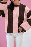 Fushia striped color block thermal knit drop shoulder sweater from Dear-Lover, featuring textured acrylic-cotton blend fabric.