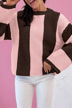 Fushia striped color block thermal knit drop shoulder sweater from Dear-Lover, featuring textured acrylic-cotton blend fabric.