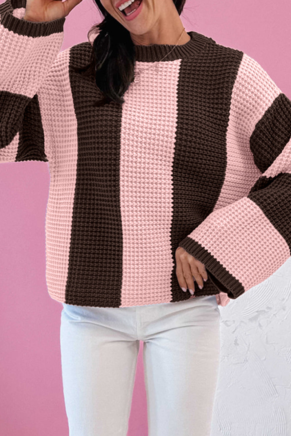 Fushia striped color block thermal knit drop shoulder sweater from Dear-Lover, featuring textured acrylic-cotton blend fabric.