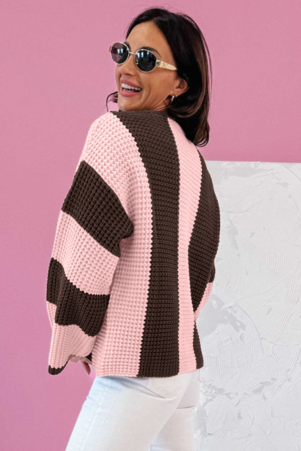 Fushia striped color block thermal textured knit sweater with drop shoulders by Dear-Lover, made of acrylic and cotton.