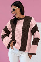 Fushia striped color block thermal textured knit drop shoulder sweater by Dear-Lover, featuring acrylic-cotton blend and cozy design.