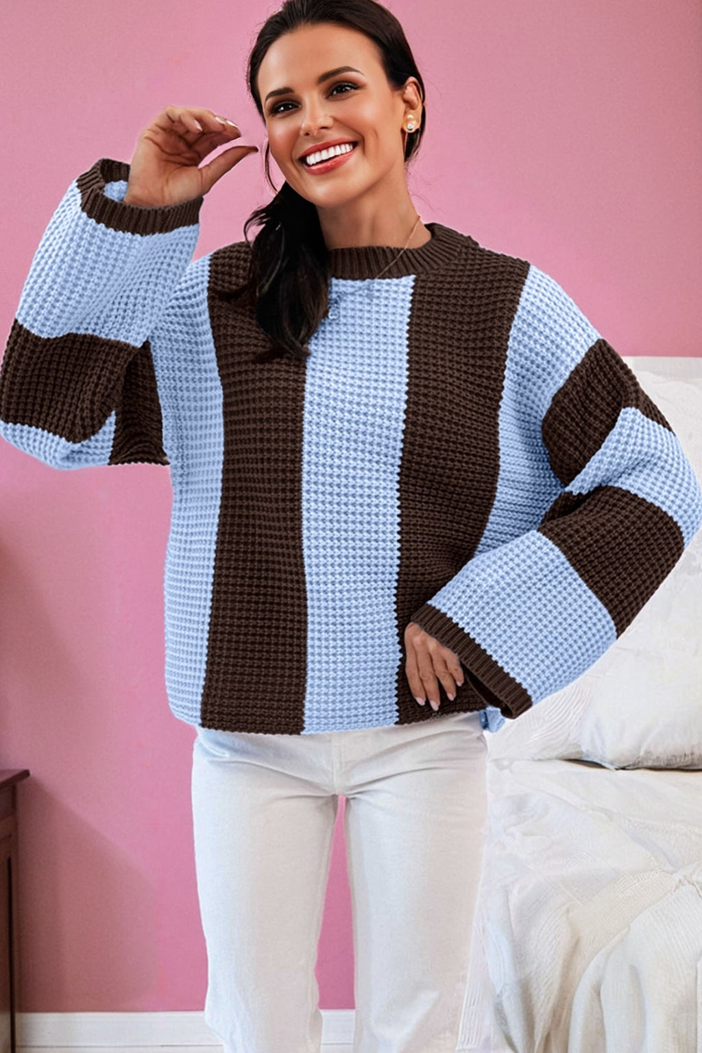 Fushia striped color block thermal knit drop shoulder sweater by Dear-Lover, featuring textured acrylic-cotton blend fabric.