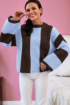 Fushia striped color block thermal knit drop shoulder sweater by Dear-Lover, featuring textured acrylic-cotton blend fabric.