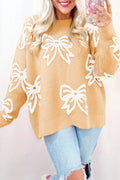 Golden Fleece Bow Pattern Drop Shoulder Sweater by Dear-Lover, loose fit with cozy fleece and stylish bow design.