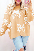 Golden Fleece Bow Pattern Drop Shoulder Sweater by Dear-Lover, loose fit with cozy fleece and stylish bow design.