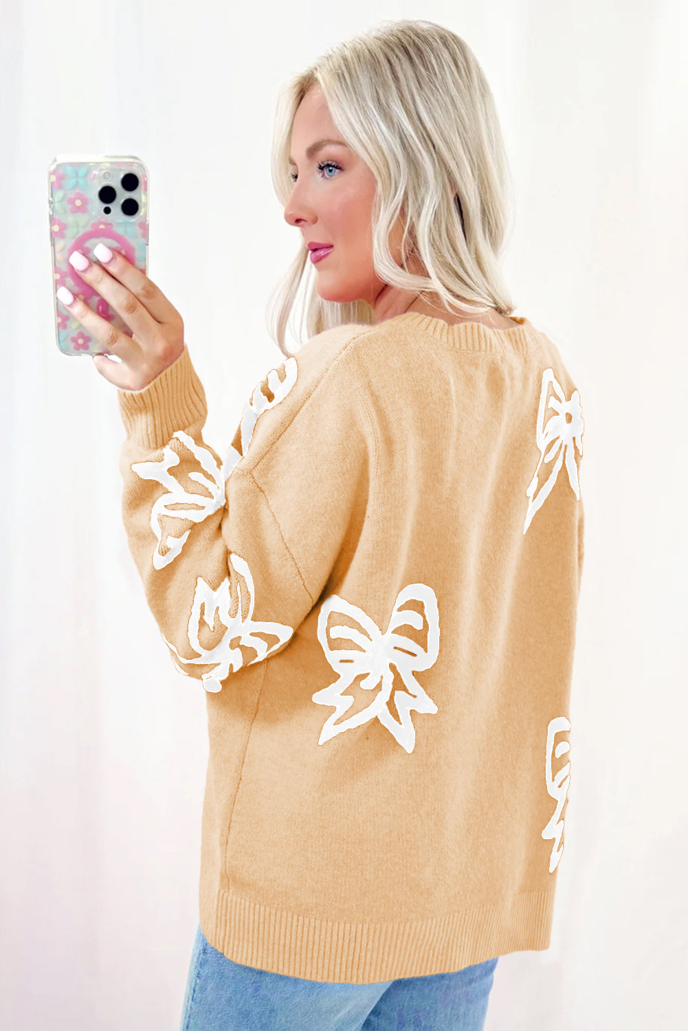 Golden fleece bow pattern drop shoulder sweater by Dear-Lover, loose fit, cozy knit with stylish design.