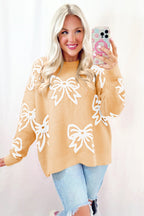 Golden fleece bow pattern drop shoulder sweater by Dear-Lover, loose fit, cozy sweater with stylish design and soft knit fabric.