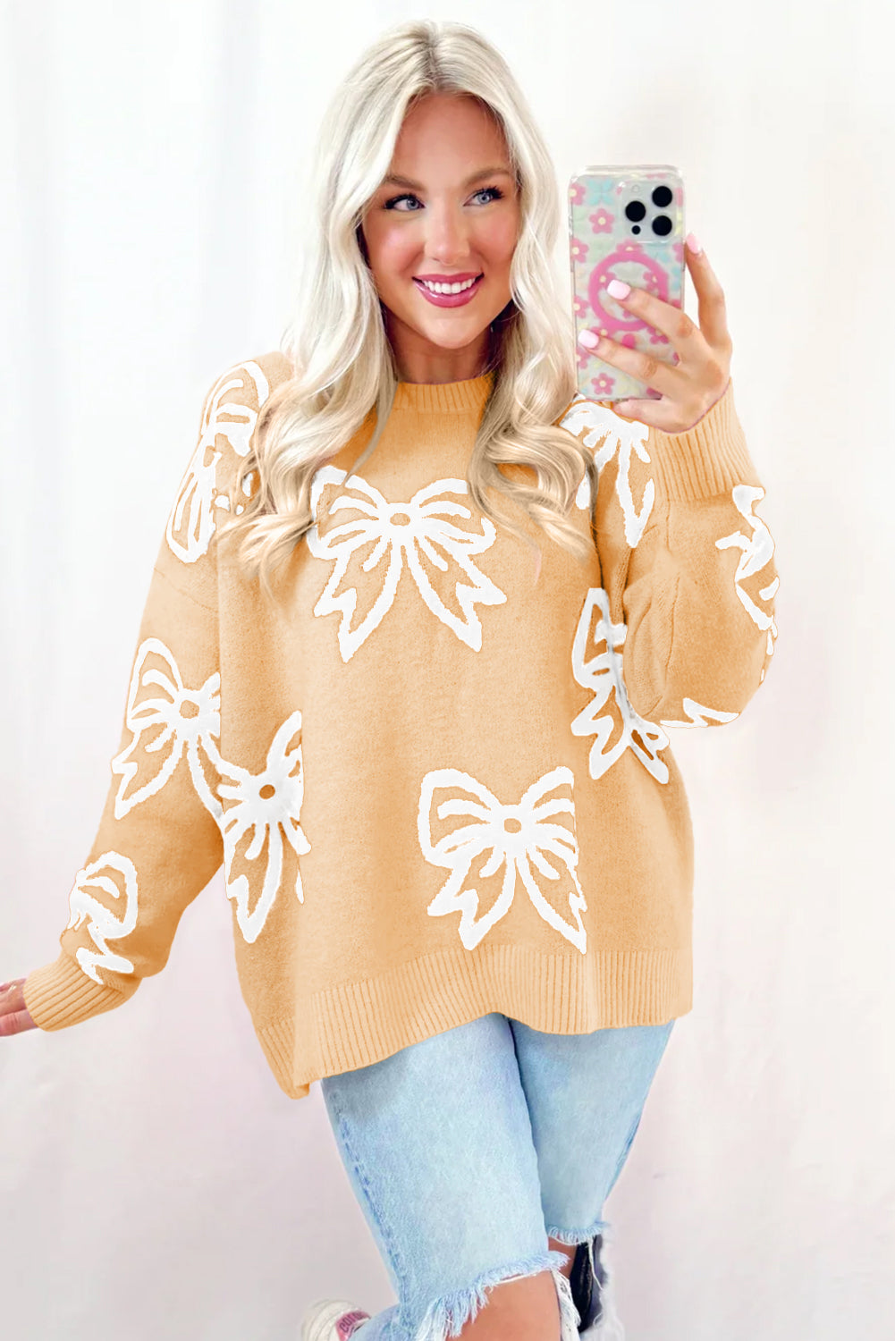 Golden fleece bow pattern drop shoulder sweater by Dear-Lover, loose fit, cozy sweater with stylish design and soft knit fabric.