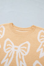 Golden fleece bow pattern drop shoulder sweater by Dear-Lover, loose fit, cozy knit, stylish casual sweater with bow accents.