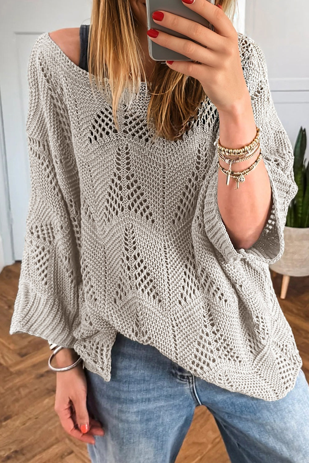 Navy blue Dear-Lover hollow out knit casual sweater with 7/8 sleeves, made of lightweight acrylic, perfect for everyday wear.