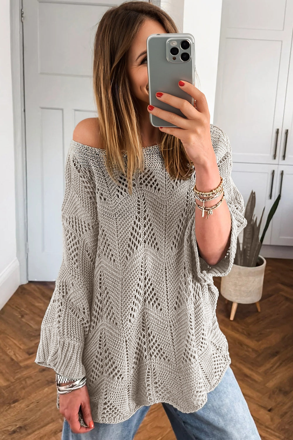 Navy blue hollow-out knit casual sweater with 7/8 sleeves by Dear-Lover, made from 100% acrylic, styled for a relaxed look.