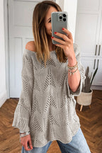 Navy blue hollow-out knit casual sweater with 7/8 sleeves by Dear-Lover, made from 100% acrylic, styled for a relaxed look.